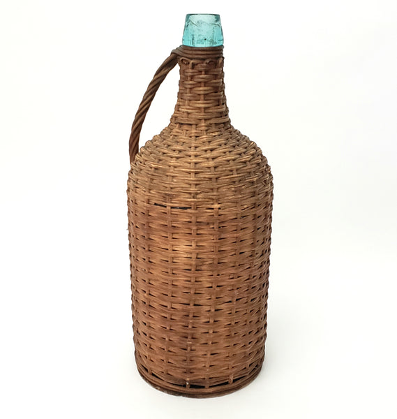 Antique Wicker Woven Aqua Demijohn Glass Bottle with Wooden Base