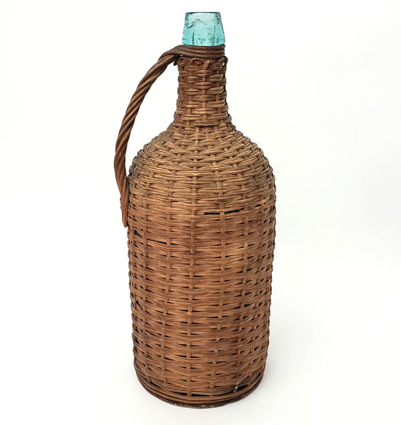 Antique Wicker Woven Aqua Demijohn Glass Bottle with Wooden Base