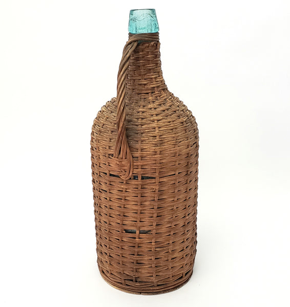 Antique Wicker Woven Aqua Demijohn Glass Bottle with Wooden Base