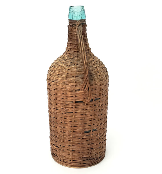 Antique Wicker Woven Aqua Demijohn Glass Bottle with Wooden Base