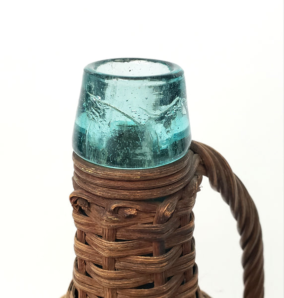 Antique Wicker Woven Aqua Demijohn Glass Bottle with Wooden Base