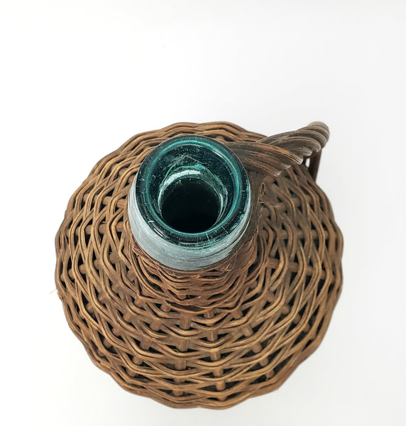 Antique Wicker Woven Aqua Demijohn Glass Bottle with Wooden Base