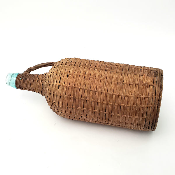 Antique Wicker Woven Aqua Demijohn Glass Bottle with Wooden Base