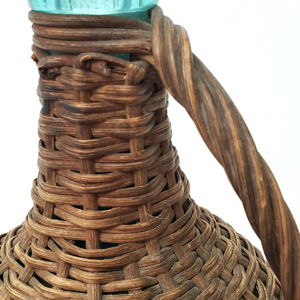 Antique Wicker Woven Aqua Demijohn Glass Bottle with Wooden Base