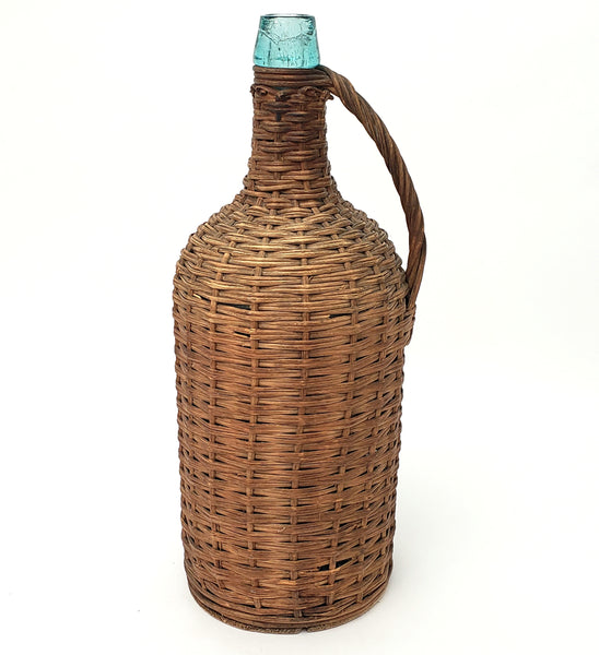 Antique Wicker Woven Aqua Demijohn Glass Bottle with Wooden Base