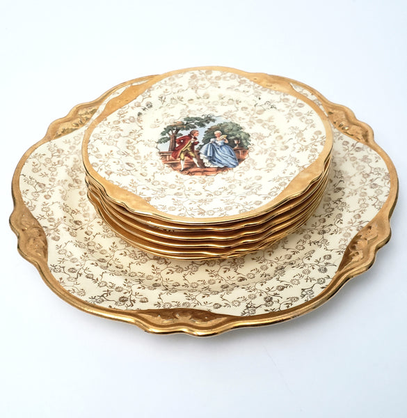 Homer Laughlin Virginia Rose Porcelain Plate Set 22kt Gold Trim 1940s