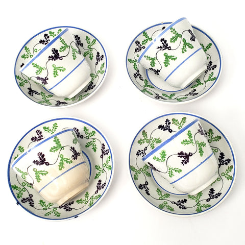 Antique Stick Spatter Handleless Cup & Saucer Set of 4 Green, Purple, Blue