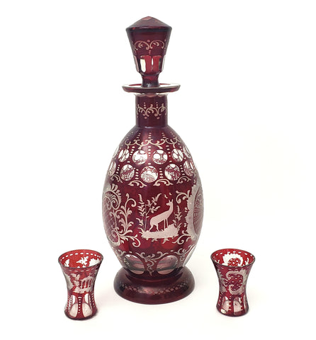 Bohemian Ruby Red Cut to Clear & Etched Glass Decanter with 2 Cordial Shot Glasses