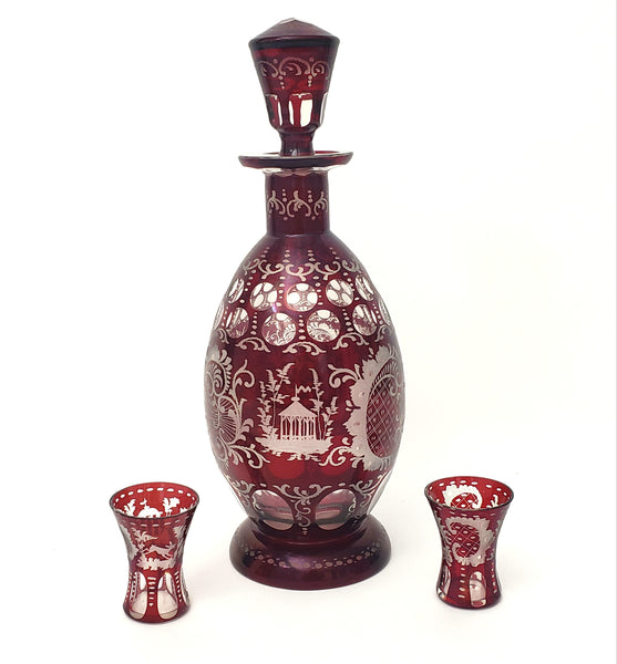 Bohemian Ruby Red Cut to Clear & Etched Glass Decanter with 2 Cordial Shot Glasses