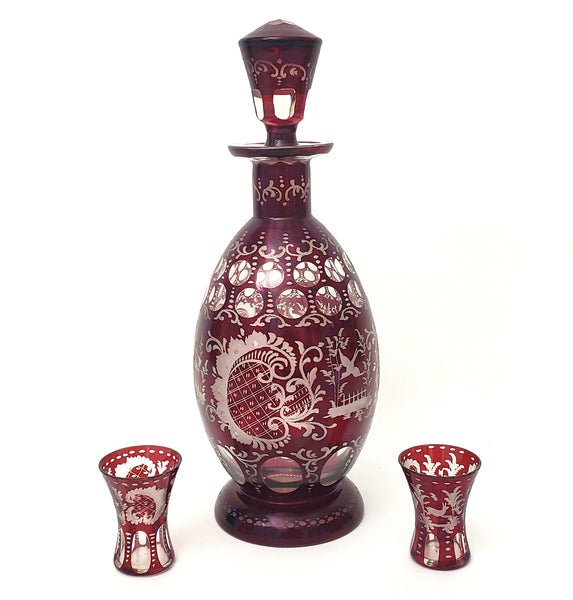 Bohemian Ruby Red Cut to Clear & Etched Glass Decanter with 2 Cordial Shot Glasses