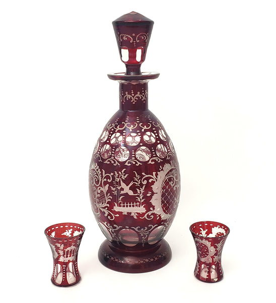 Bohemian Ruby Red Cut to Clear & Etched Glass Decanter with 2 Cordial Shot Glasses