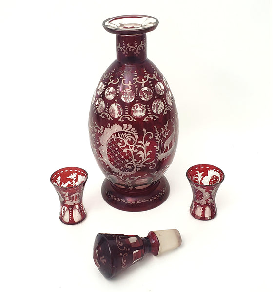 Bohemian Ruby Red Cut to Clear & Etched Glass Decanter with 2 Cordial Shot Glasses