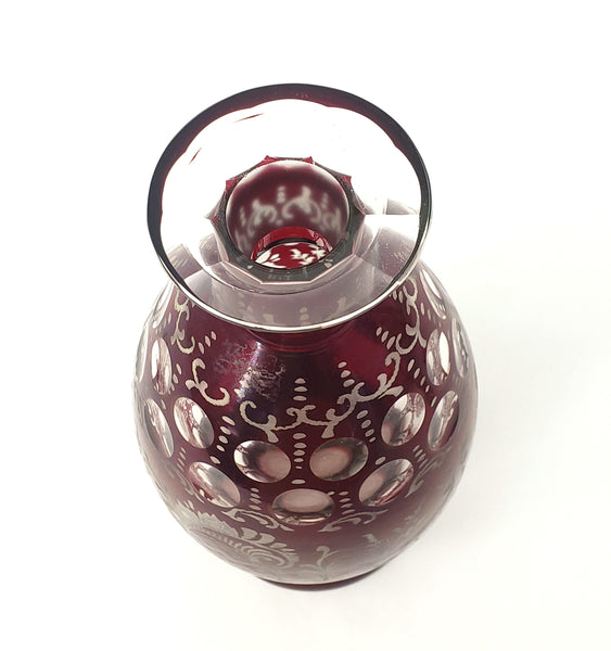 Bohemian Ruby Red Cut to Clear & Etched Glass Decanter with 2 Cordial Shot Glasses