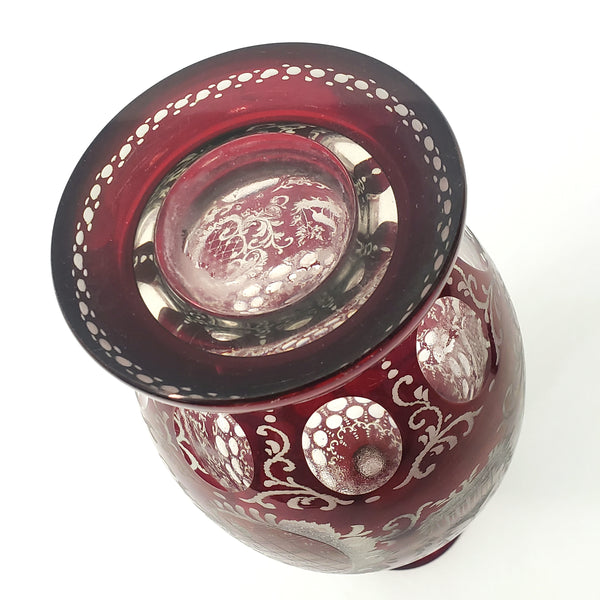 Bohemian Ruby Red Cut to Clear & Etched Glass Decanter with 2 Cordial Shot Glasses