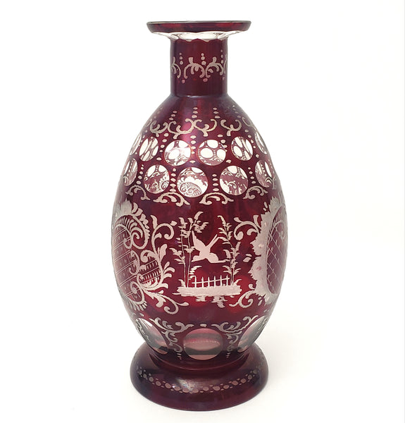 Bohemian Ruby Red Cut to Clear & Etched Glass Decanter with 2 Cordial Shot Glasses