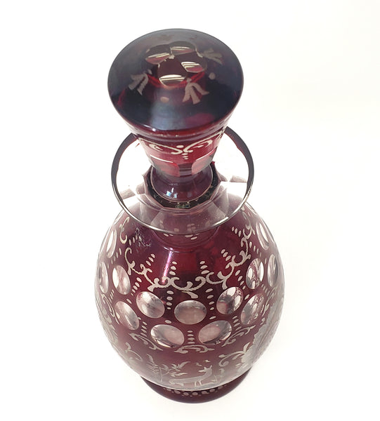 Bohemian Ruby Red Cut to Clear & Etched Glass Decanter with 2 Cordial Shot Glasses