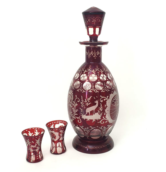 Bohemian Ruby Red Cut to Clear & Etched Glass Decanter with 2 Cordial Shot Glasses