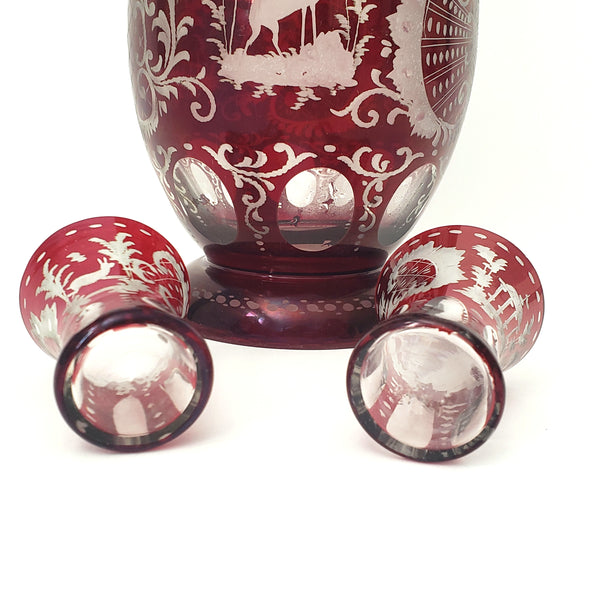 Bohemian Ruby Red Cut to Clear & Etched Glass Decanter with 2 Cordial Shot Glasses