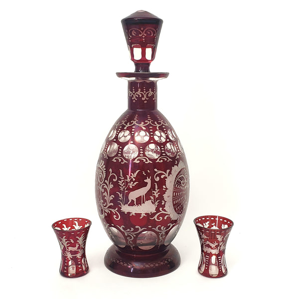 Bohemian Ruby Red Cut to Clear & Etched Glass Decanter with 2 Cordial Shot Glasses