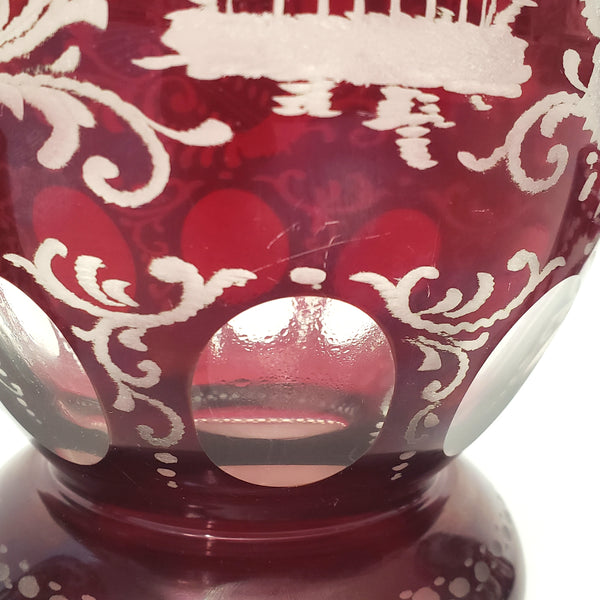 Bohemian Ruby Red Cut to Clear & Etched Glass Decanter with 2 Cordial Shot Glasses