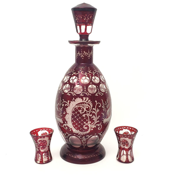 Bohemian Ruby Red Cut to Clear & Etched Glass Decanter with 2 Cordial Shot Glasses