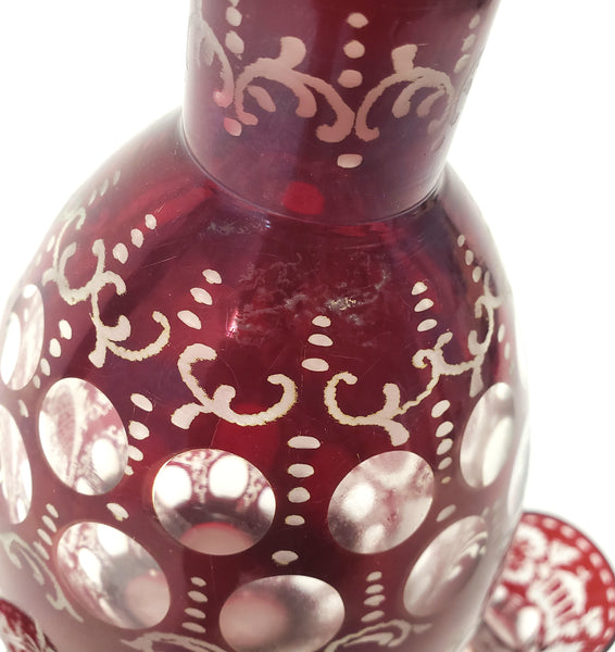 Bohemian Ruby Red Cut to Clear & Etched Glass Decanter with 2 Cordial Shot Glasses