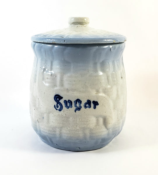 Antique Blue & White Salt Glazed Stoneware Sugar Crock Canister with Lid