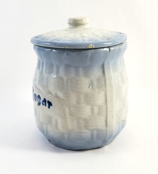 Antique Blue & White Salt Glazed Stoneware Sugar Crock Canister with Lid