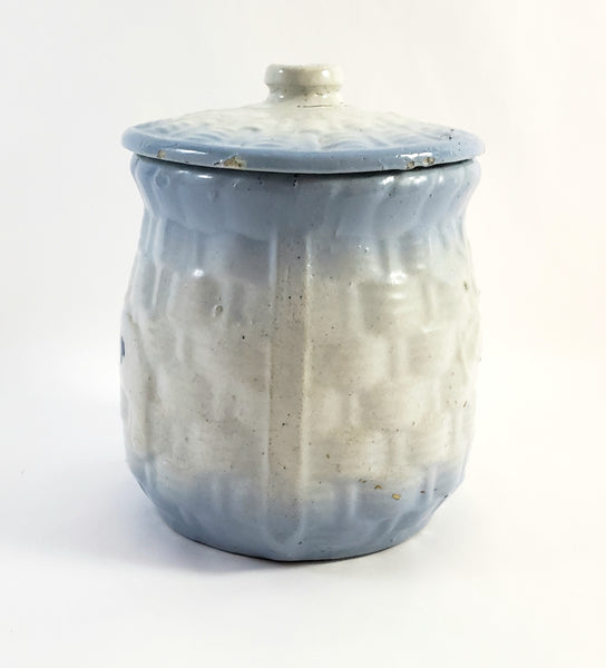 Antique Blue & White Salt Glazed Stoneware Sugar Crock Canister with Lid