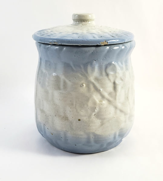 Antique Blue & White Salt Glazed Stoneware Sugar Crock Canister with Lid