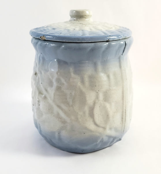 Antique Blue & White Salt Glazed Stoneware Sugar Crock Canister with Lid