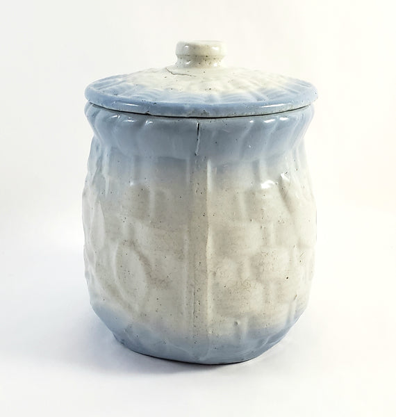 Antique Blue & White Salt Glazed Stoneware Sugar Crock Canister with Lid