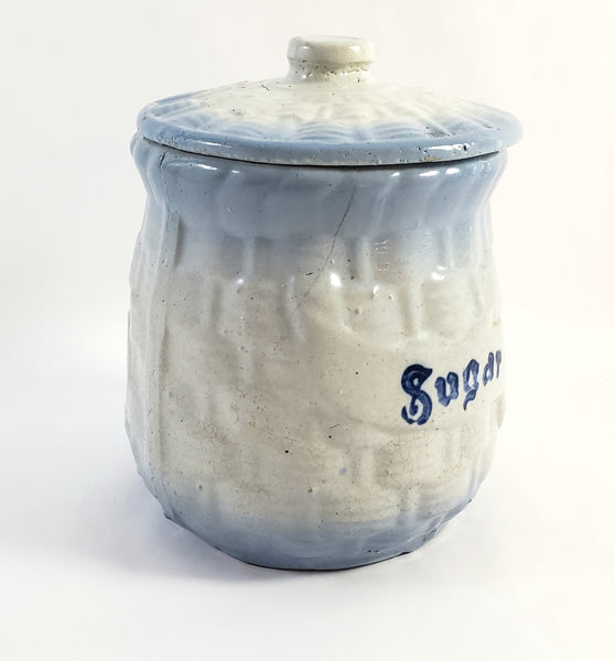 Antique Blue & White Salt Glazed Stoneware Sugar Crock Canister with Lid