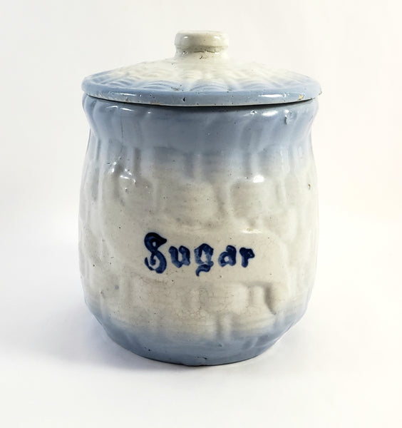 Antique Blue & White Salt Glazed Stoneware Sugar Crock Canister with Lid