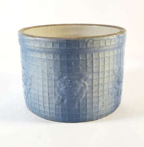 Antique Blue & White Stoneware Crock 4 1/4" Rose & Trellis