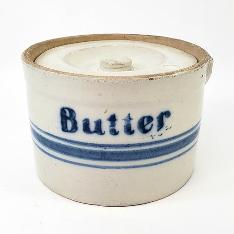 Antique Blue Decorated Stoneware Butter Crock with Lid Missing Handle