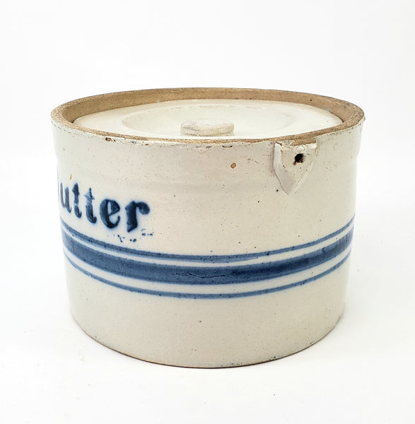 Antique Blue Decorated Stoneware Butter Crock with Lid Missing Handle