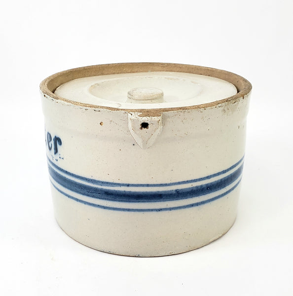 Antique Blue Decorated Stoneware Butter Crock with Lid Missing Handle