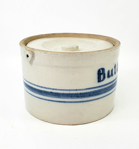 Antique Blue Decorated Stoneware Butter Crock with Lid Missing Handle