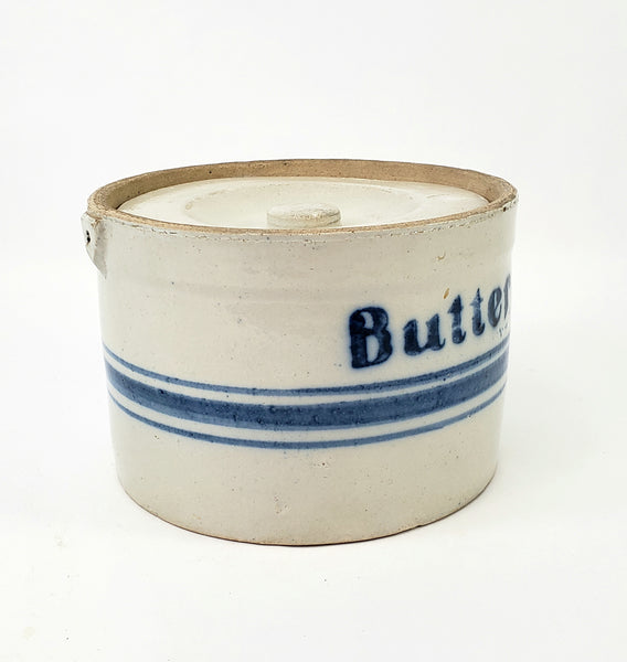 Antique Blue Decorated Stoneware Butter Crock with Lid Missing Handle