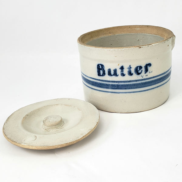 Antique Blue Decorated Stoneware Butter Crock with Lid Missing Handle