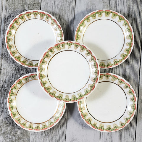 Antique Porcelain Butter Pats Dishes Green & Salmon Set of 5