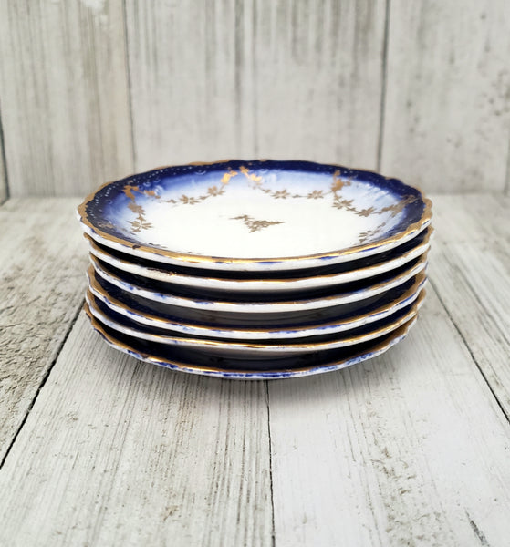 Antique Porcelain Butter Pat Dishes Set of 6 Blue White & Gold