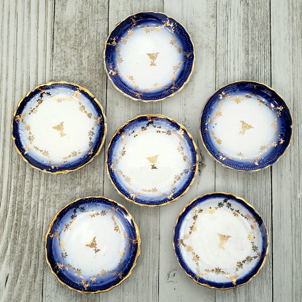 Antique Porcelain Butter Pat Dishes Set of 6 Blue White & Gold