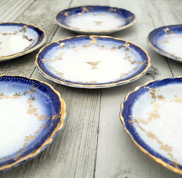 Antique Porcelain Butter Pat Dishes Set of 6 Blue White & Gold