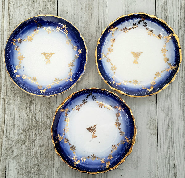 Antique Porcelain Butter Pat Dishes Set of 6 Blue White & Gold