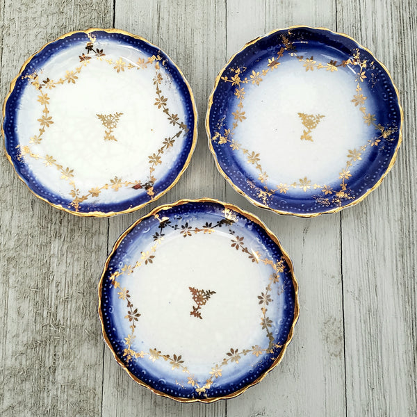 Antique Porcelain Butter Pat Dishes Set of 6 Blue White & Gold