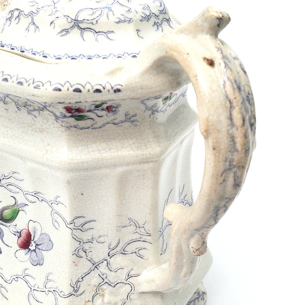 Antique Ironstone Transferware Teapot Pansey by Charles Meigh & Son Mid Victorian 1850s