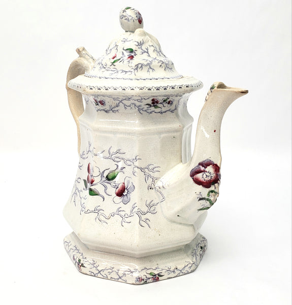 Antique Ironstone Transferware Teapot Pansey by Charles Meigh & Son Mid Victorian 1850s