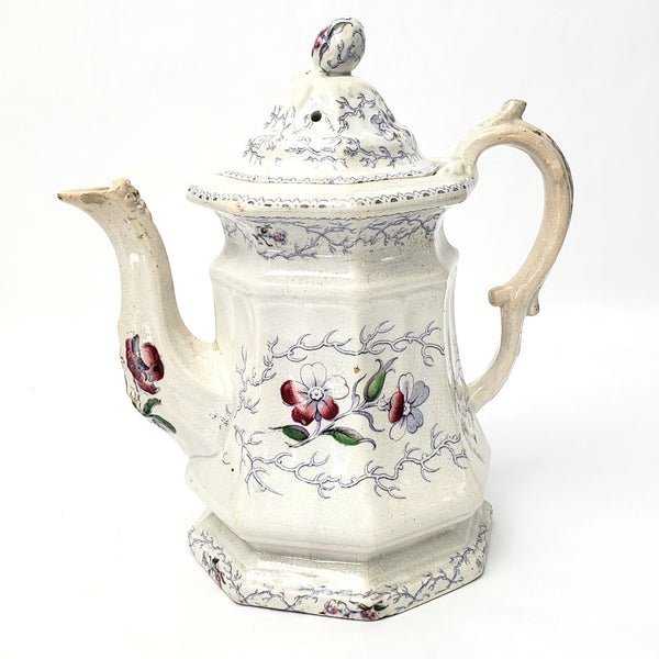 Antique Ironstone Transferware Teapot Pansey by Charles Meigh & Son Mid Victorian 1850s